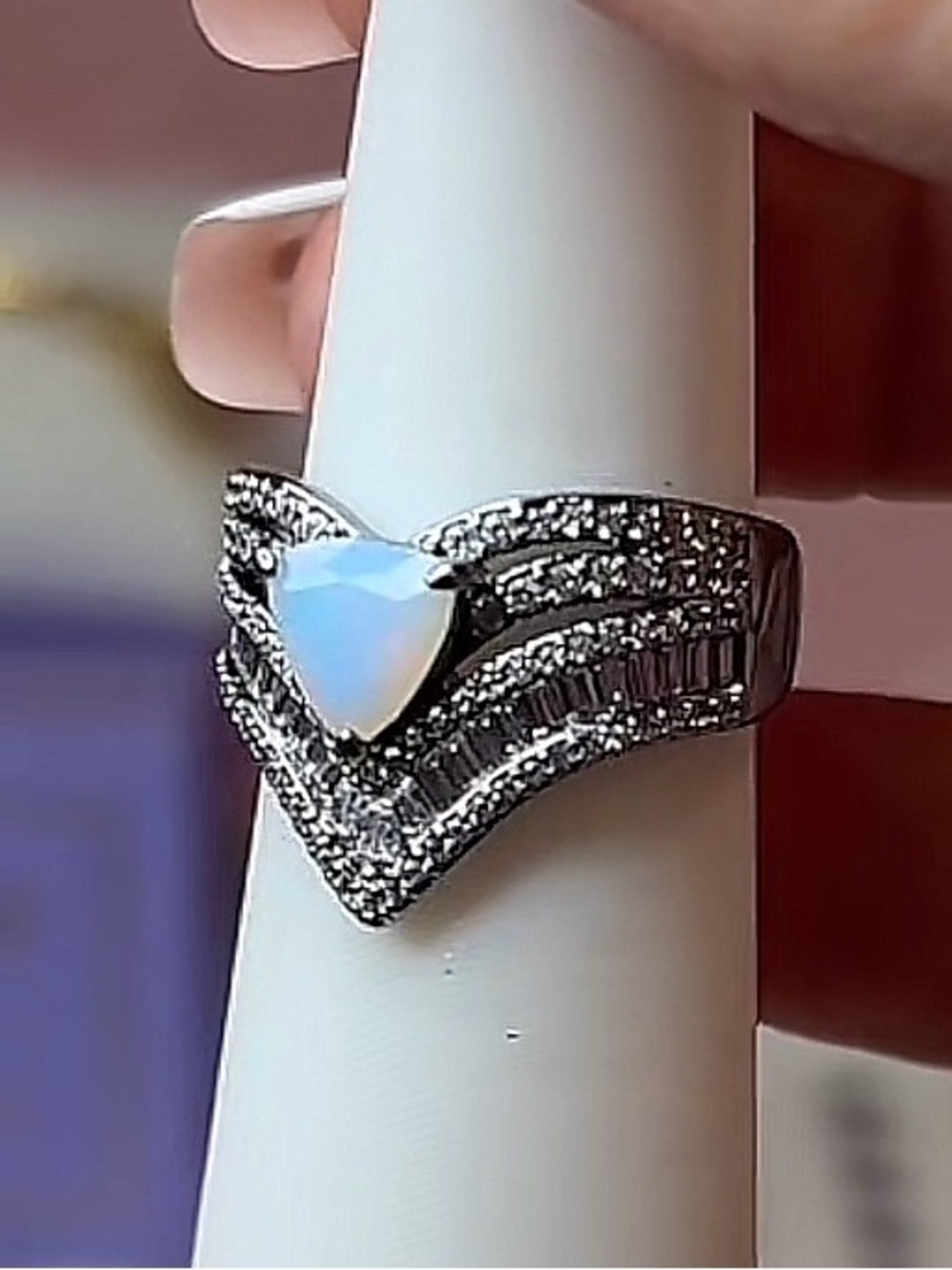 Bomb Party hematite and Opal V-Stack Ring size 7